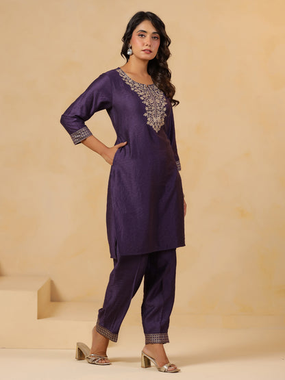Span Purple Round Neck Visocse Co-Ord Set( Set of 2)