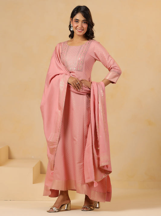 Span Pink Round Neck Viscose Gown with Dupatta
