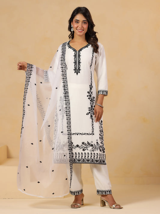 Span White V Neck Rayon Kurta Set with Dupatta