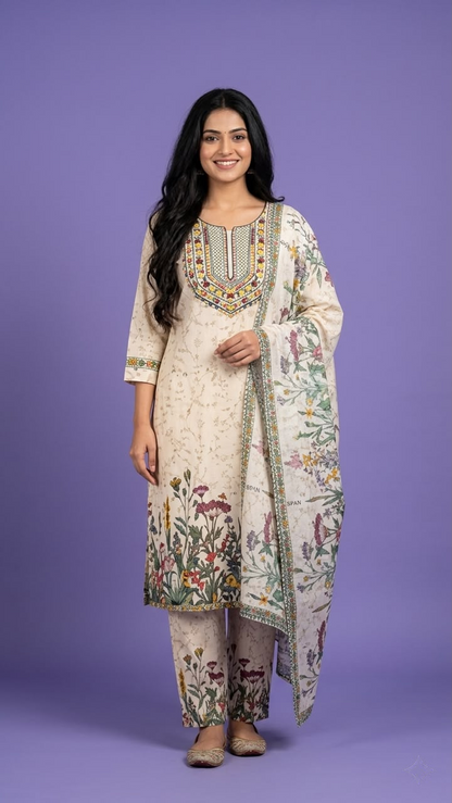 Ivory Round Neck Cotton Kurta Set with Dupatta