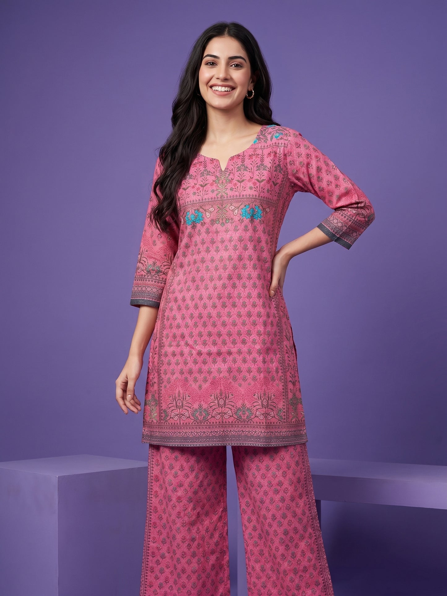 Pink Lavender Round V Neck Cotton Cord Set