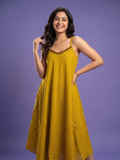 Yellow V Neck Cotton Linen Spaghetti Kurta