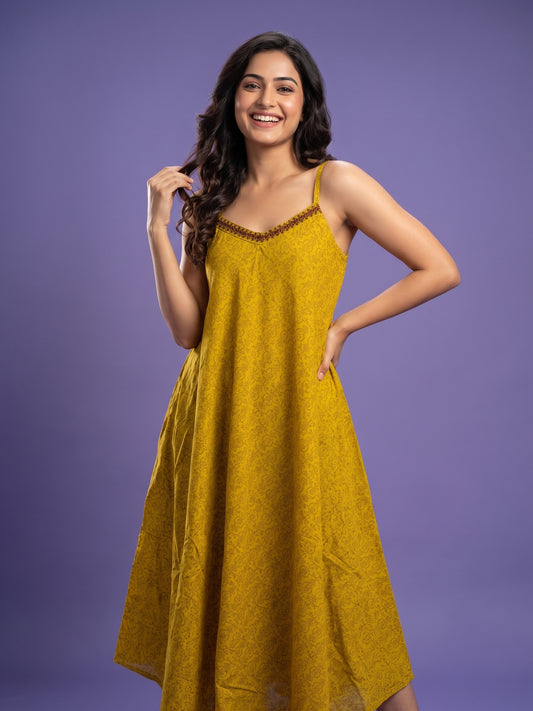 Yellow V Neck Cotton Linen Spaghetti Kurta