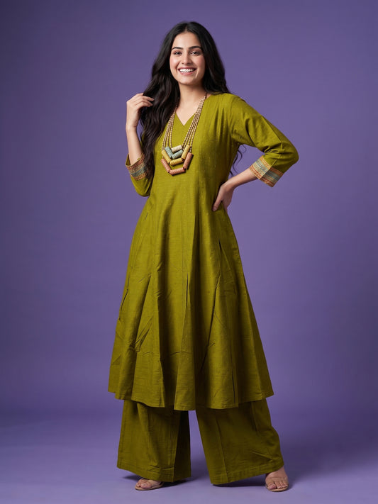 Slub Silk Kali Kurta with Palazzo & Necklace