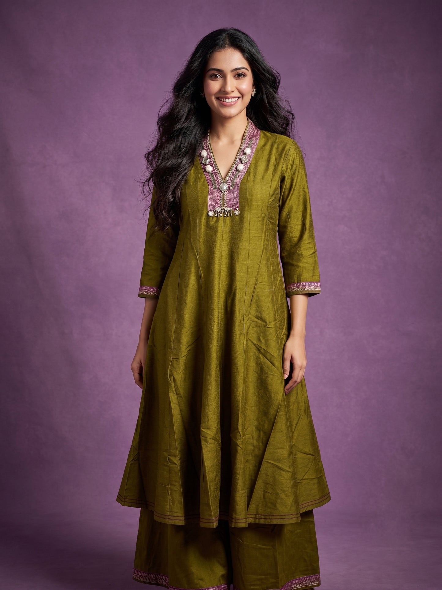Green High V Neck Slik Kurta Set