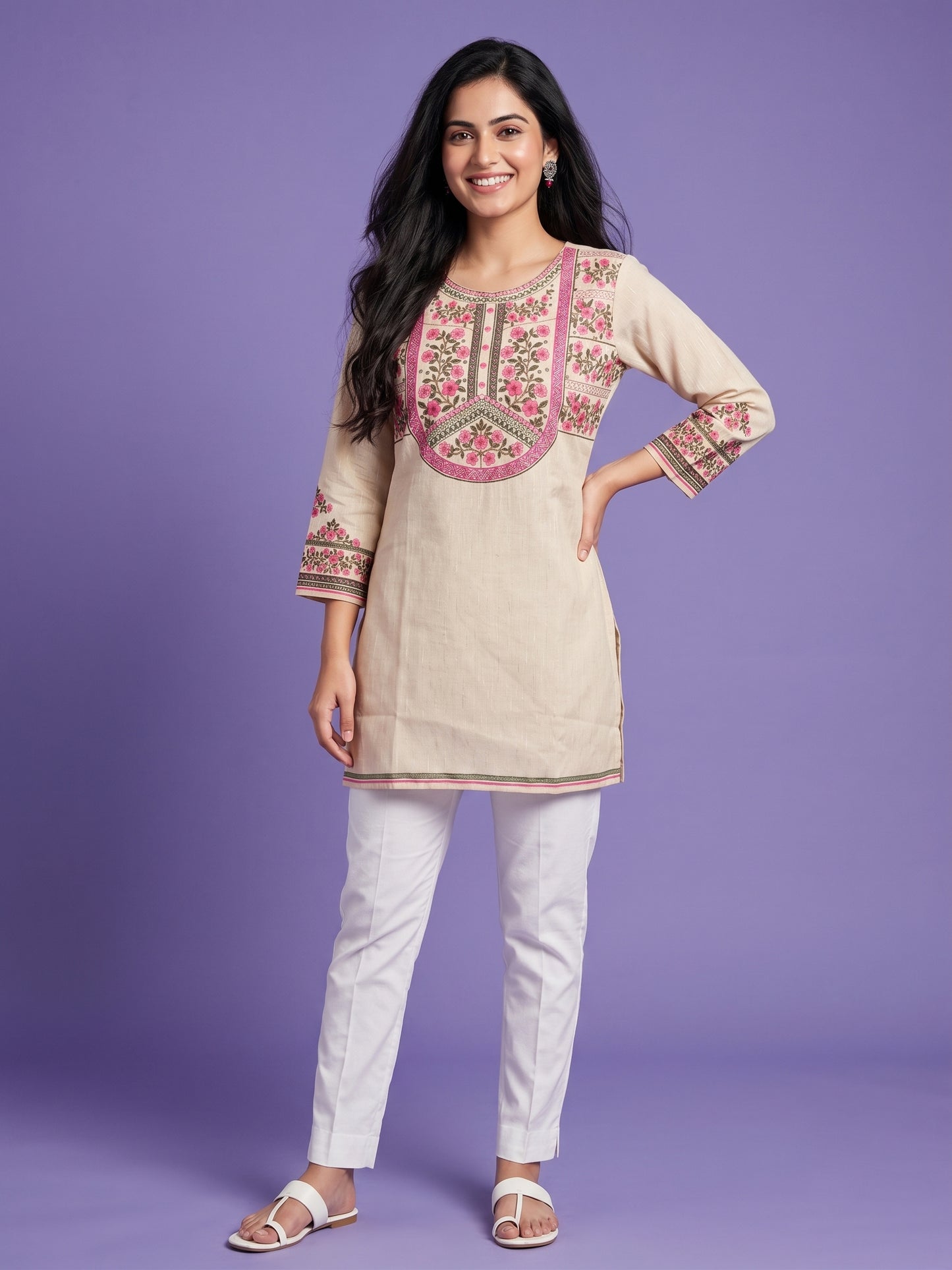 Ivory Round Neck Cotton Short Kurta