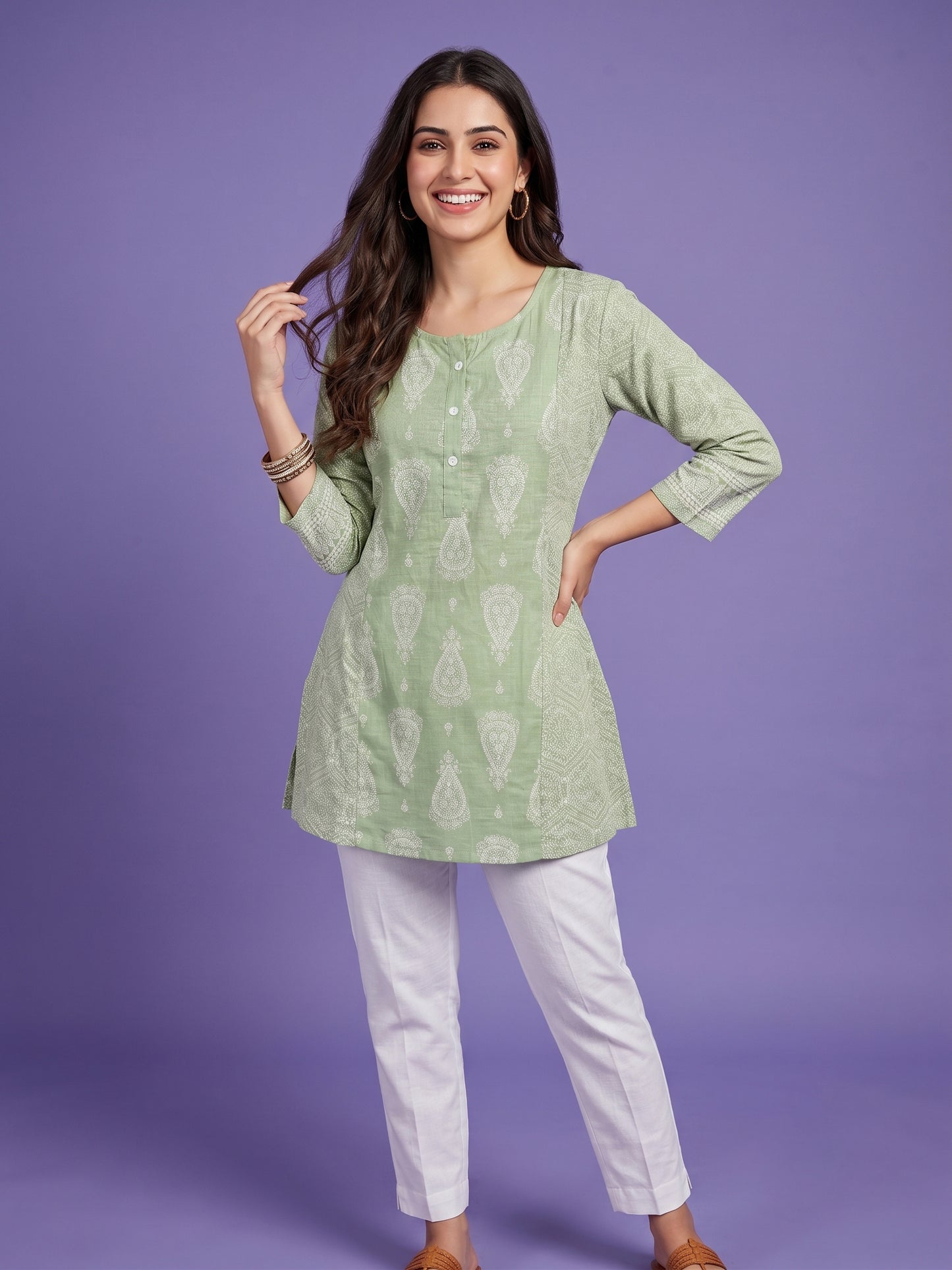 Green Round Neck Reyon Short Kurta