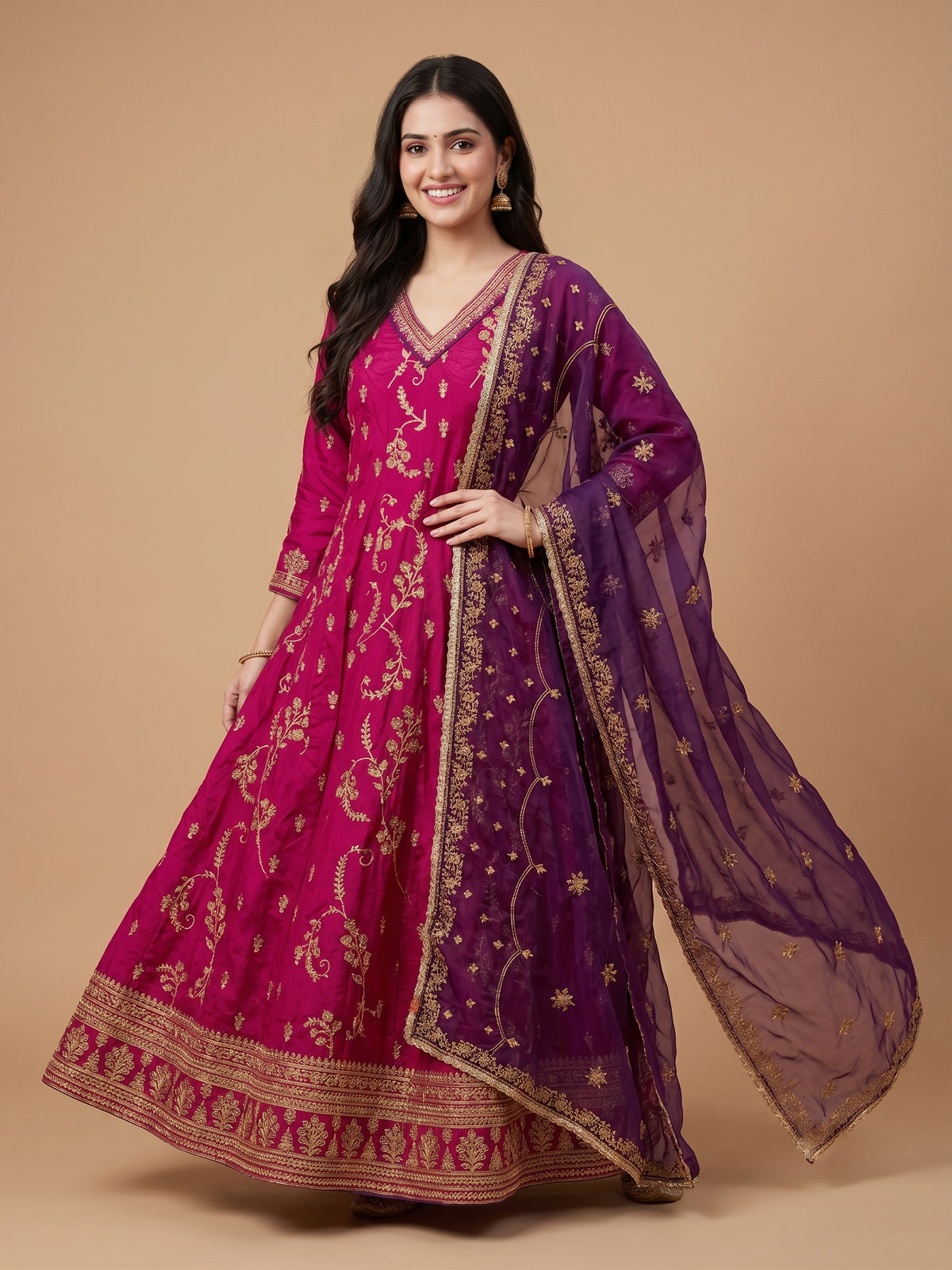 Purple Organza Dupatta V-Neck Ethnic Festive & Wedding Wear 2 Pes Set