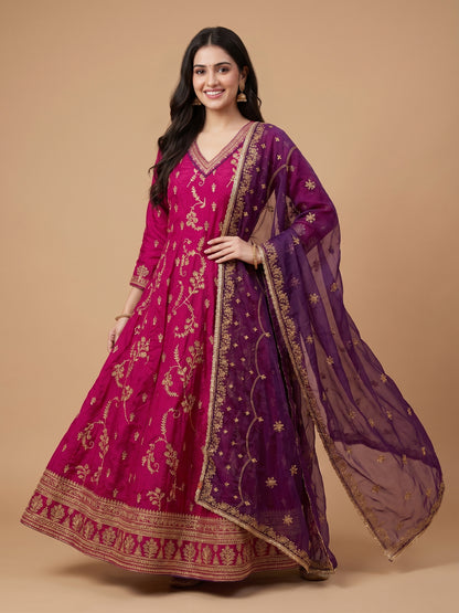 Purple Organza Dupatta V-Neck Ethnic Festive & Wedding Wear 2 Pes Set