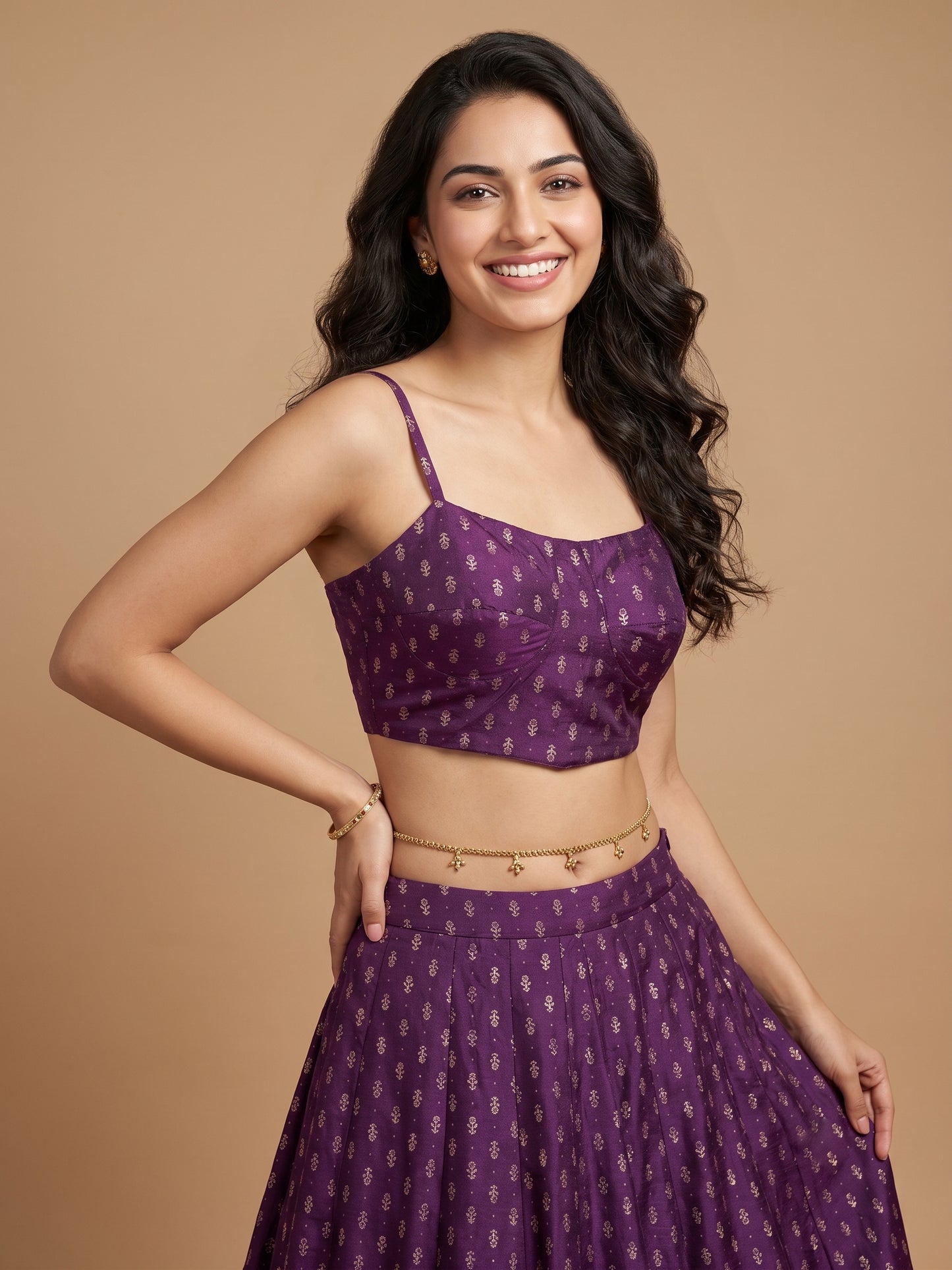 Purple Round Neck Viscose  Spaghetti Crop Top