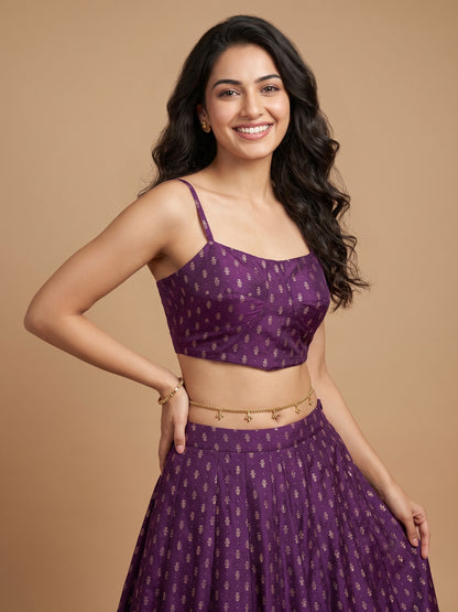 Purple Round Neck Viscose  Spaghetti Crop Top