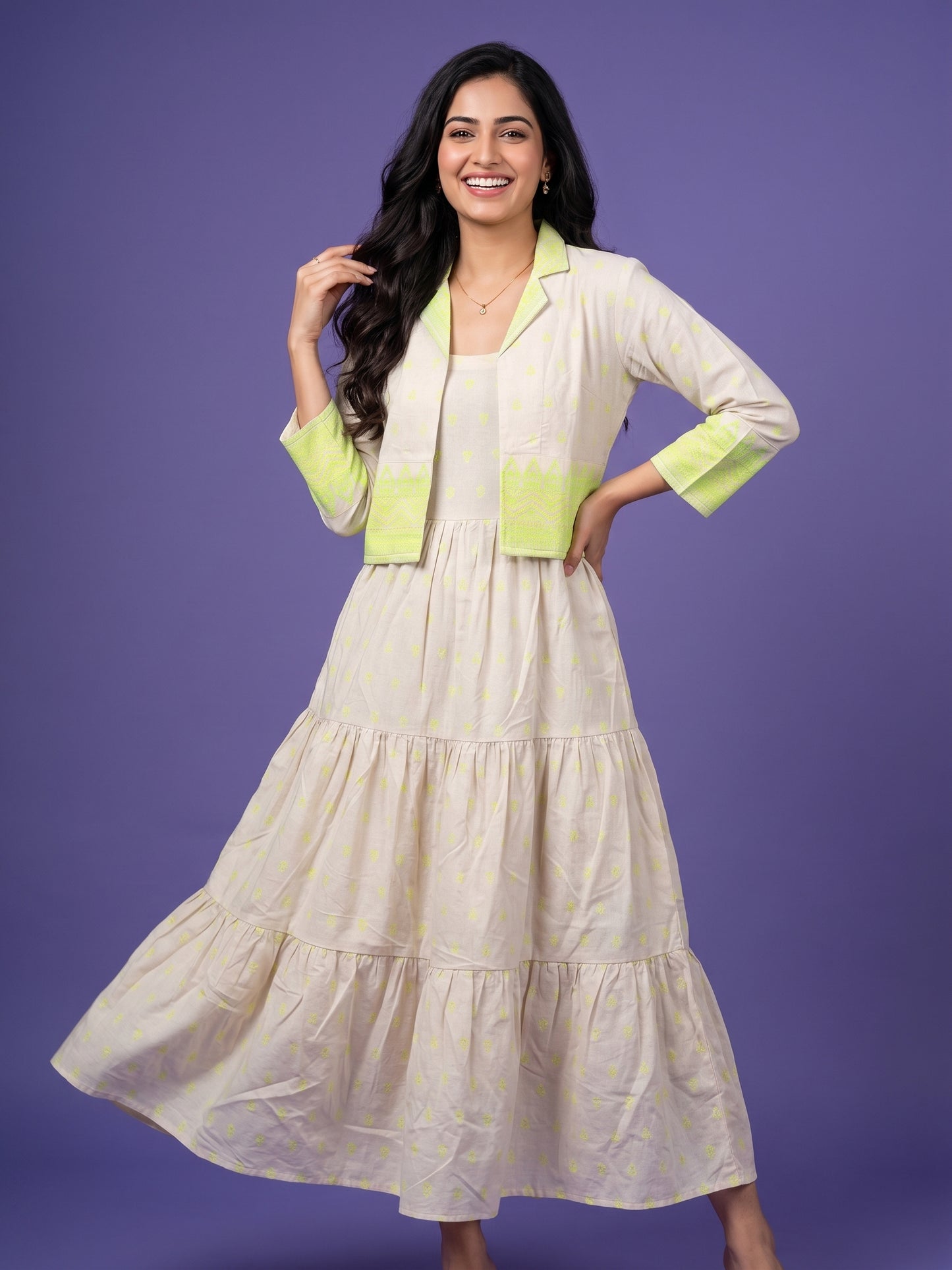 Ivory Round Neck Cotton Linen Gown With Crop Jacket
