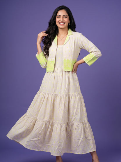 Ivory Round Neck Cotton Linen Gown With Crop Jacket