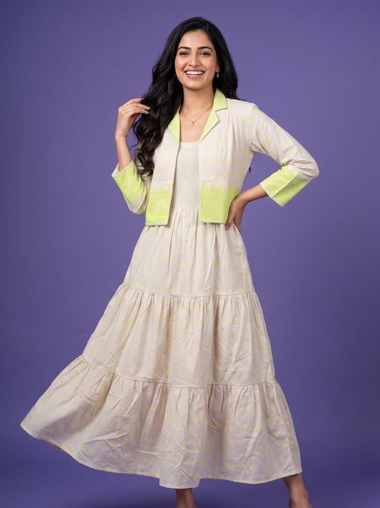 Ivory Round Neck Cotton Linen Gown With Crop Jacket