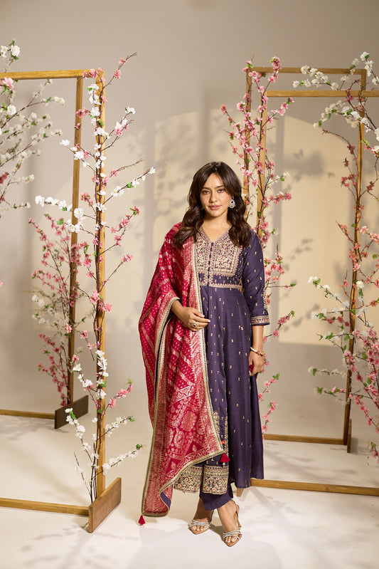 Span Purple V Neck Viscose Kurta Set with Dupatta
