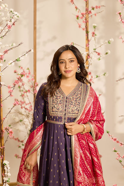 Span Purple V Neck Viscose Kurta Set with Dupatta