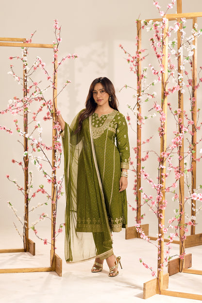 Span Green Round Neck Silk Kurta Set with Dupatta