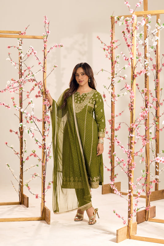 Span Green Round Neck Silk Kurta Set with Dupatta