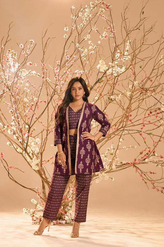 Span Purple V Neck Silk Jacket Style 3PCS Set