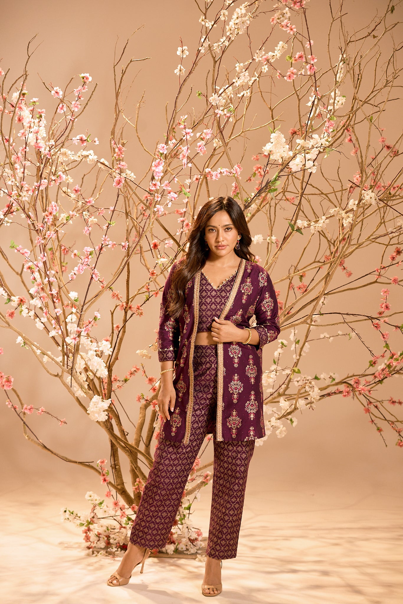 Span Purple V Neck Silk Jacket Style 3PCS Set