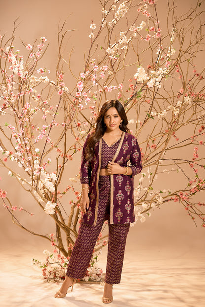 Span Purple V Neck Silk Jacket Style 3PCS Set