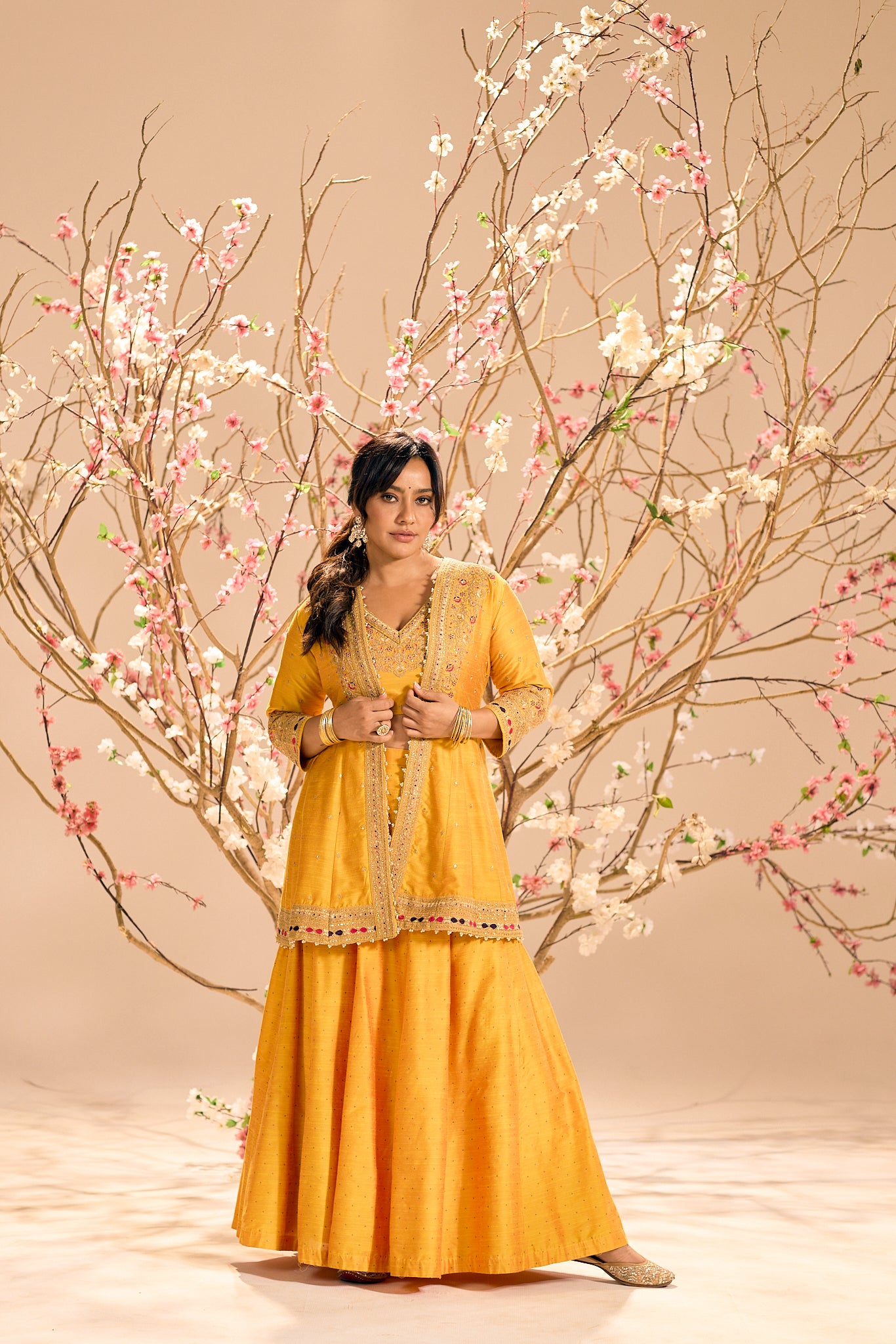 Span Yellow V Neck Silk Jacket Style 3PCS Set