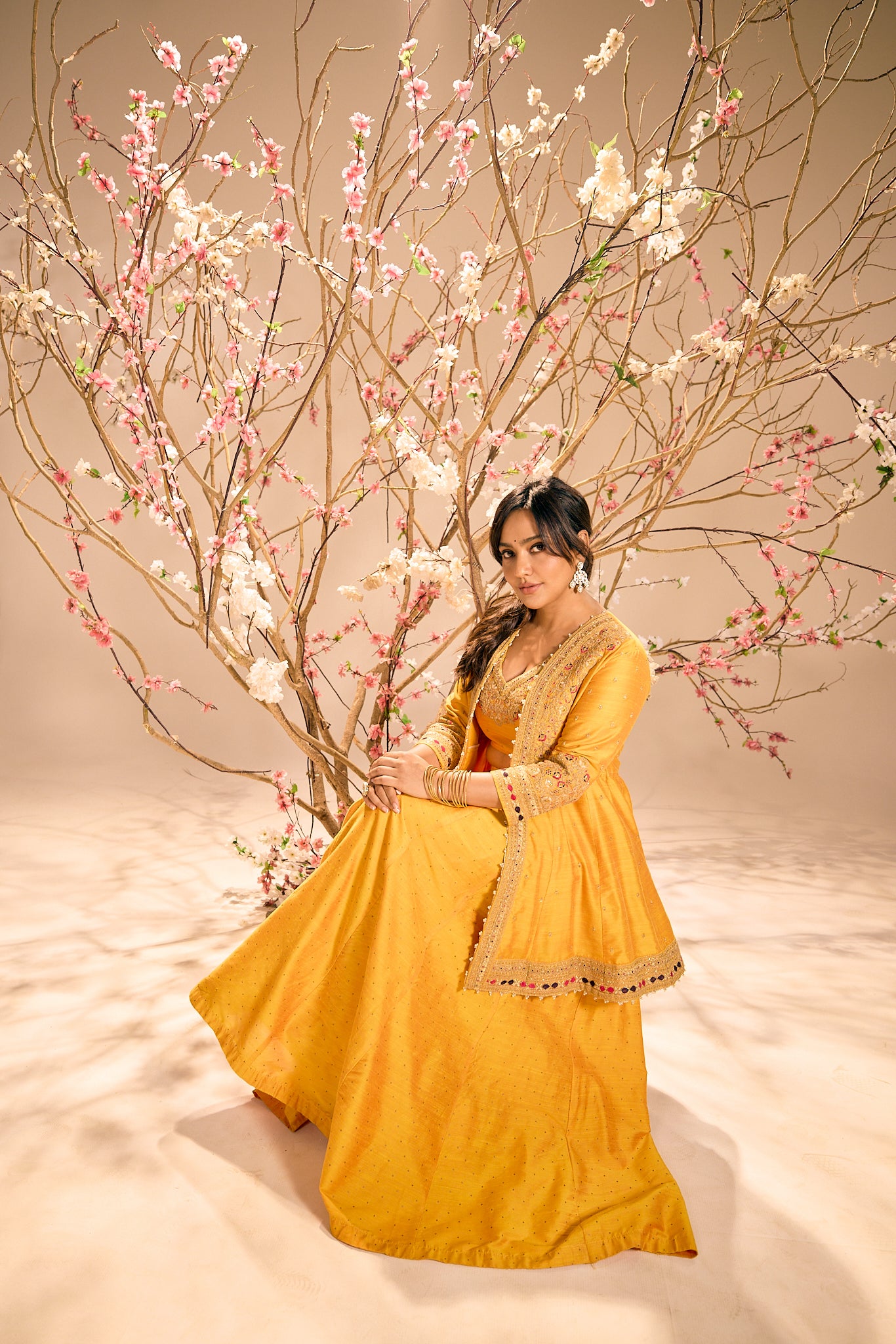 Span Yellow V Neck Silk Jacket Style 3PCS Set