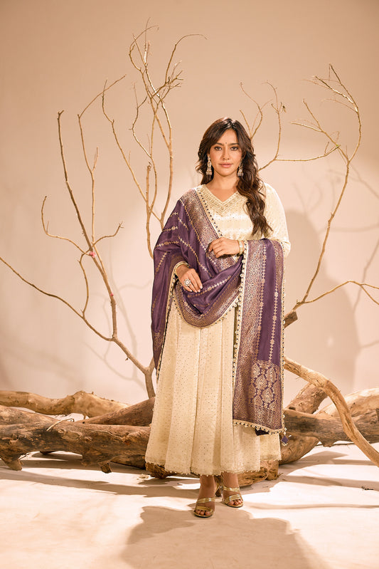 Span ivory V Neck Silk 2PCS Set