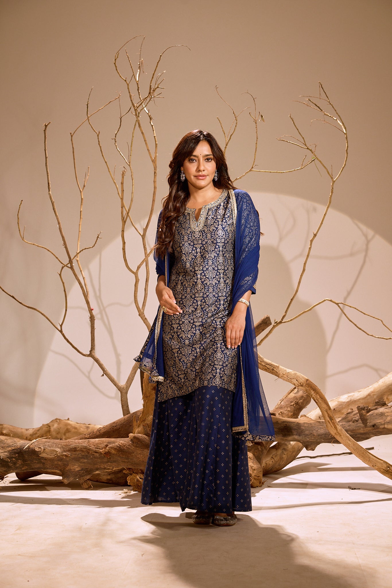 Span Blue V Neck Silk Kurta