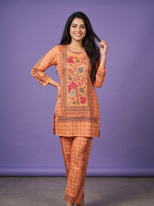 Placement Embroidery Kurta Set with Palazzo - Cotton