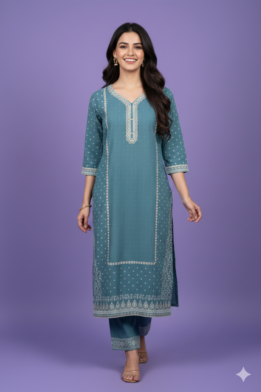 Blue V Neck Cotton Kurta