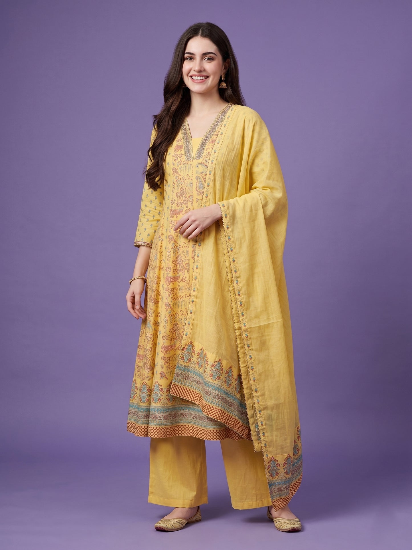 Yellow Deep V Neck Cotton Kurta Set with Dupatta