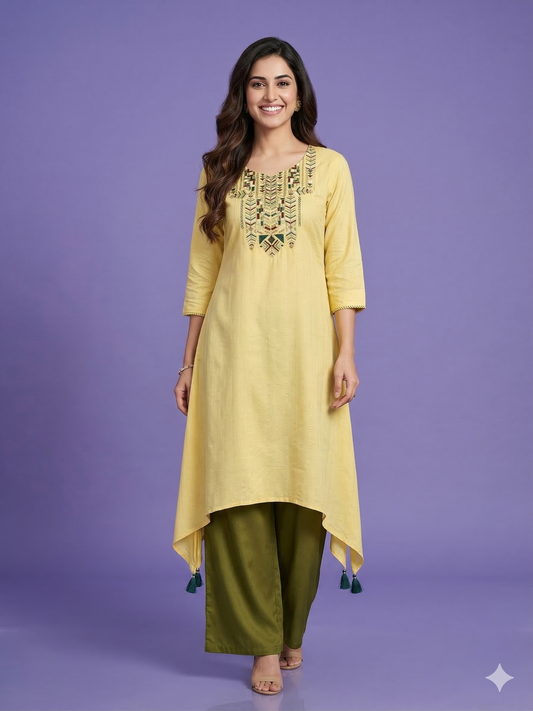 Yellow Round Neck Cotton Kurta