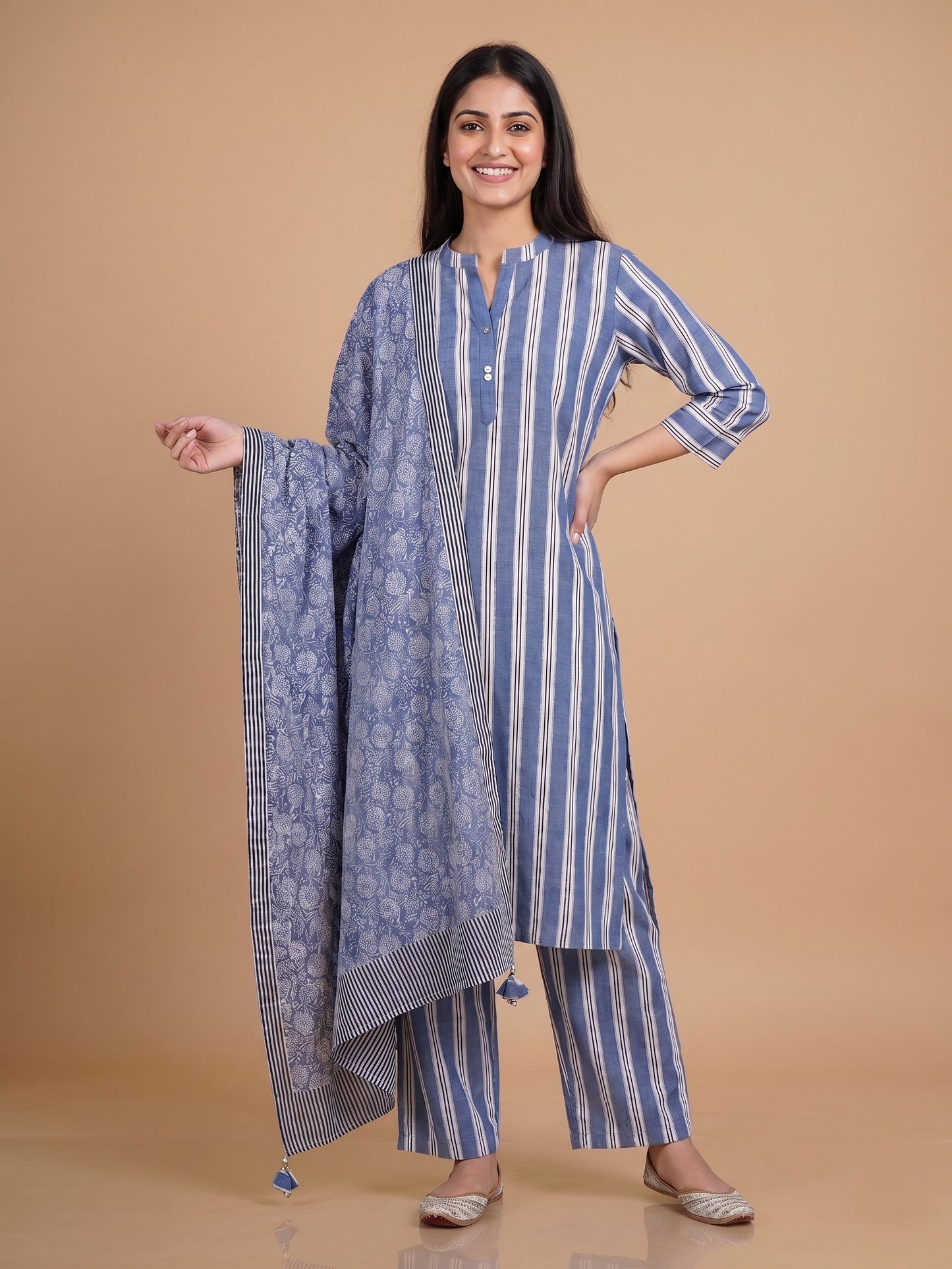 Blue Mandarin Neck Cotton Kurta Set with Dupatta