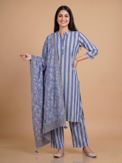 Blue Mandarin Neck Cotton Kurta Set with Dupatta