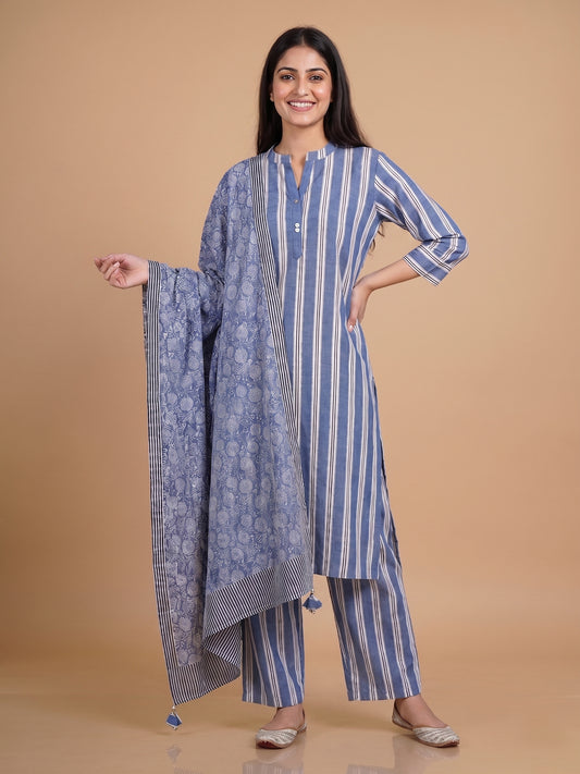 Blue Mandarin Neck Cotton Kurta Set with Dupatta