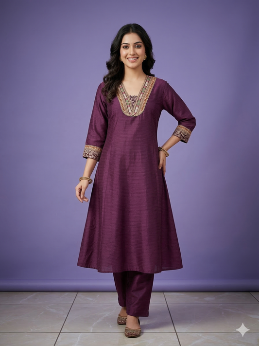 Purple Deep-V Silk Kurta