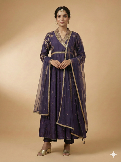 Purple Deep V Neck Viscose Kurta Set with Dupatta