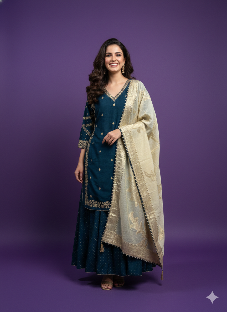 Blue V Neck Viscose 2PCS Set