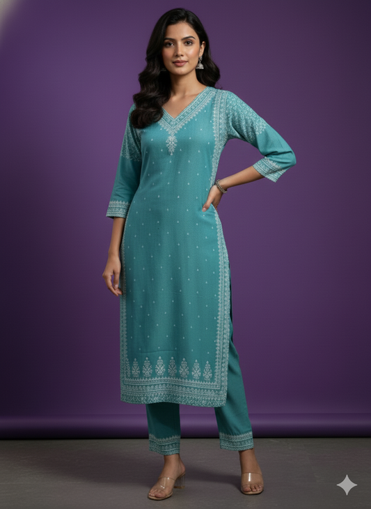 Green V neck Cotton Cord Set