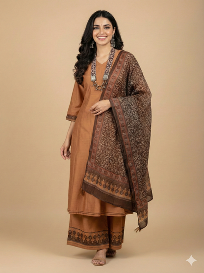 Brown V Neck Silk Kurta Set with Dupatta