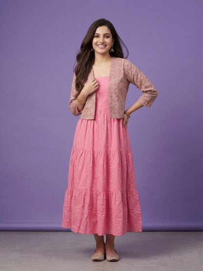 Pink Round Neck Cotton Linen Gown With Crop Jacket