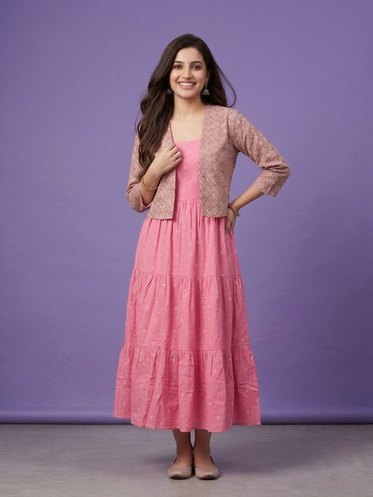 Pink Round Neck Cotton Linen Gown With Crop Jacket