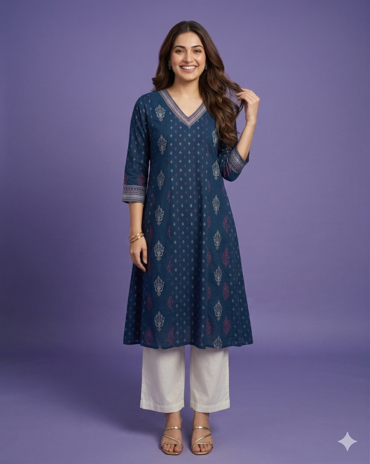 Blue V Neck Cotton Kurta