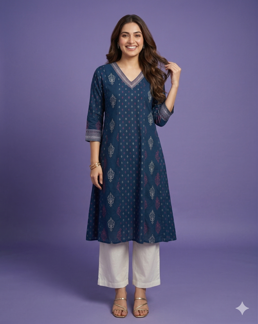 Blue V Neck Cotton Kurta
