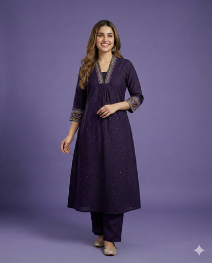 Purple Deep-V Cotton Kurta