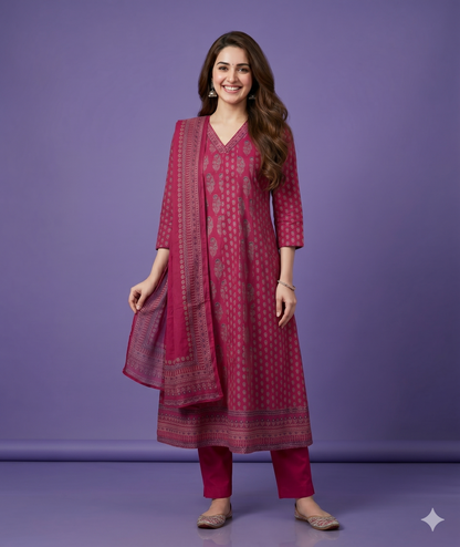 Pink V Neck Cotton Kurta Set with Dupatta