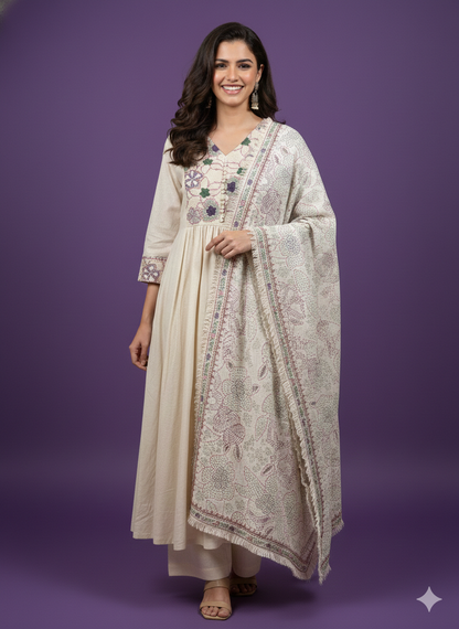 Ivory V Neck Cotton Kurta