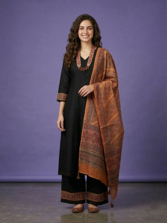 Black V Neck Silk Kurta Set with Dupatta