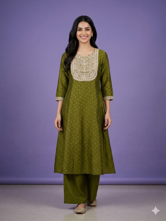 Green Round V Neck Silk Kurta